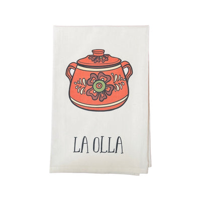 La Olla, meaning bean pot, Tea Towel features an illustration of a bean pot and reads "La Olla" underneath" the illustration