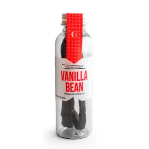 Clear tube of two vanilla pods with white and red branded label.