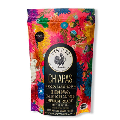 Front view of Etnia 52 Mexican Coffee - Chiapas packaged inside colorful packaging with zipoc style closure