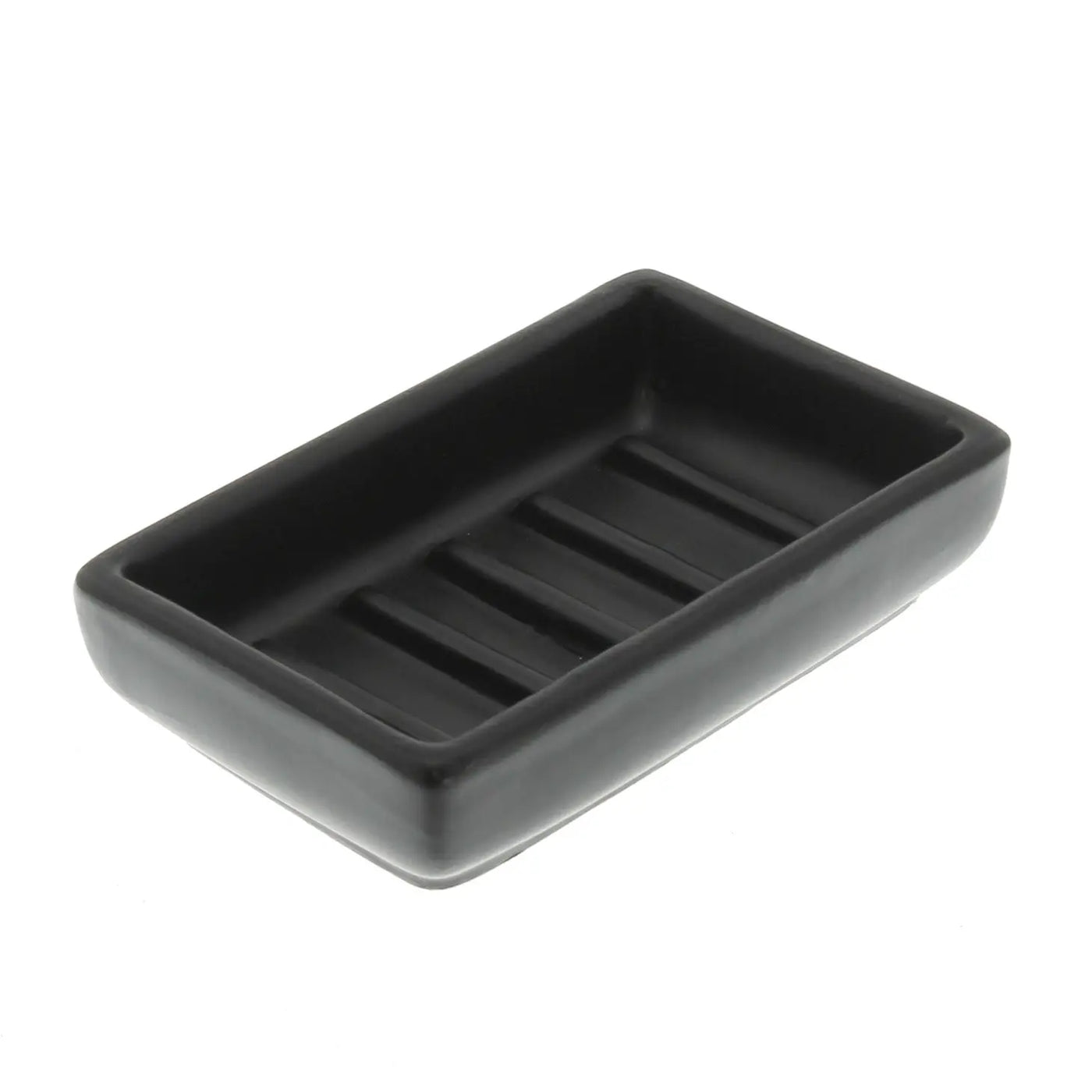 black matte rectangular soap dish with ridges on the bottom.