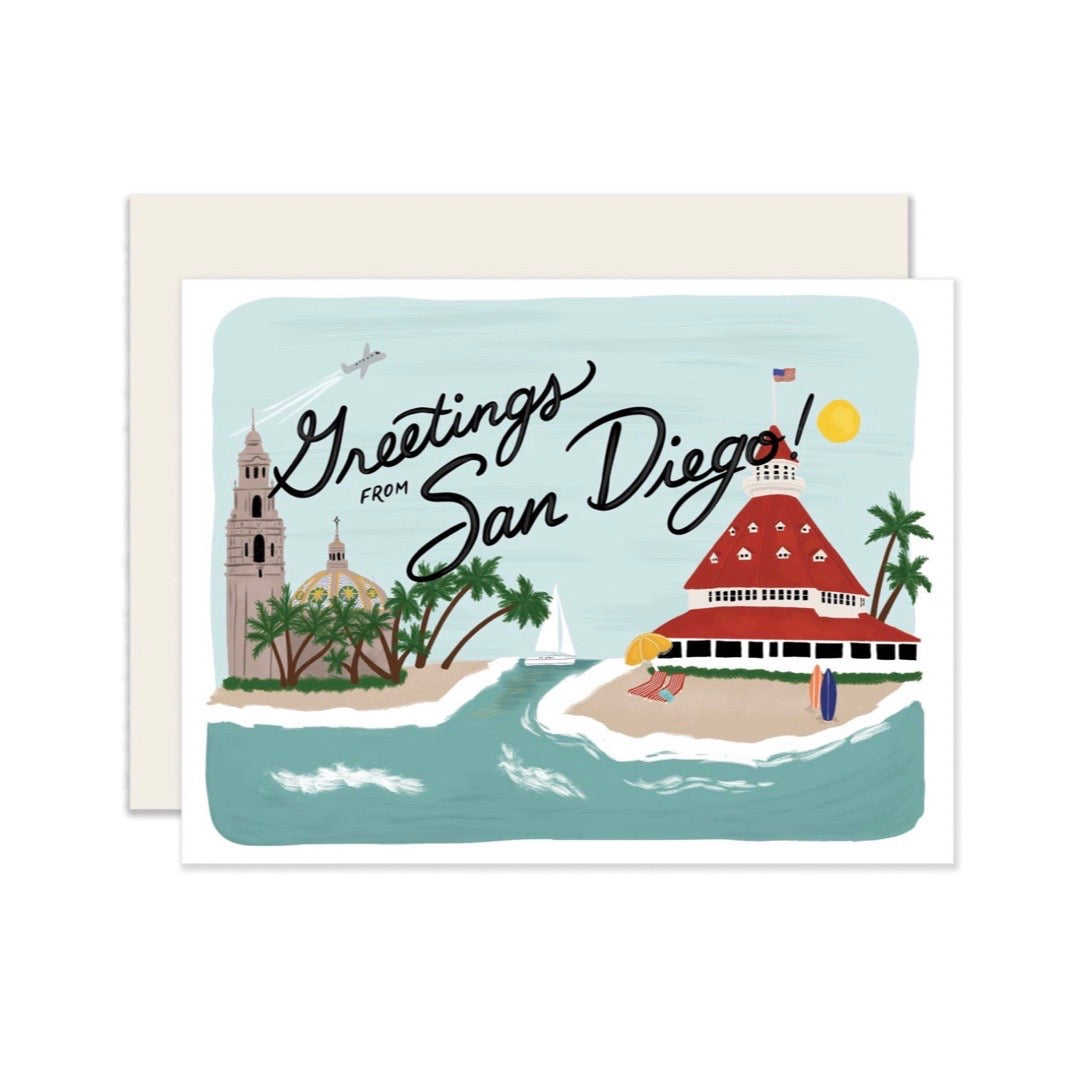 Greeting card features San Diego famous landmarks: Hotel Del Coronado and Balboa Park.