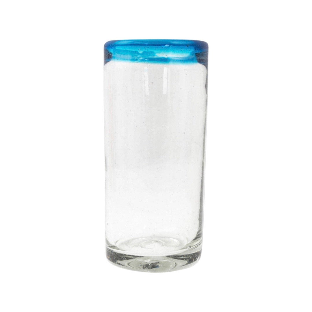 Glass tumbler drinking glass with translucent blue rim