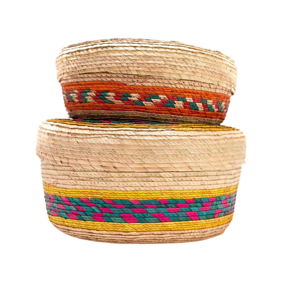 side view of 2 stacked palm Tortilla Baskets with lids in different sizes