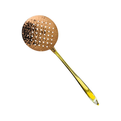 metal skimmer with gold colored handle and copper skimmer head