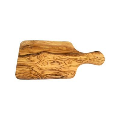 top view of rectangular wood cutting board with handle