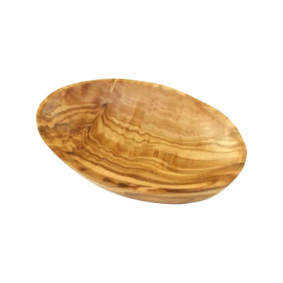 top view of oval shaped bowl carved from wood