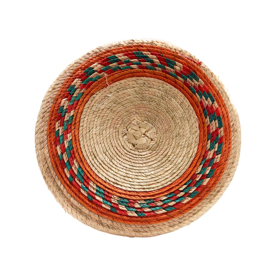 top view of Palm Tortilla Basket lid with colorful design
