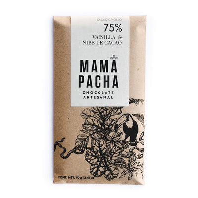 Front view of Mama Pacha Chocolate - 75% Vanilla and Cacao Nibs wrapped in brown branded paper packaging