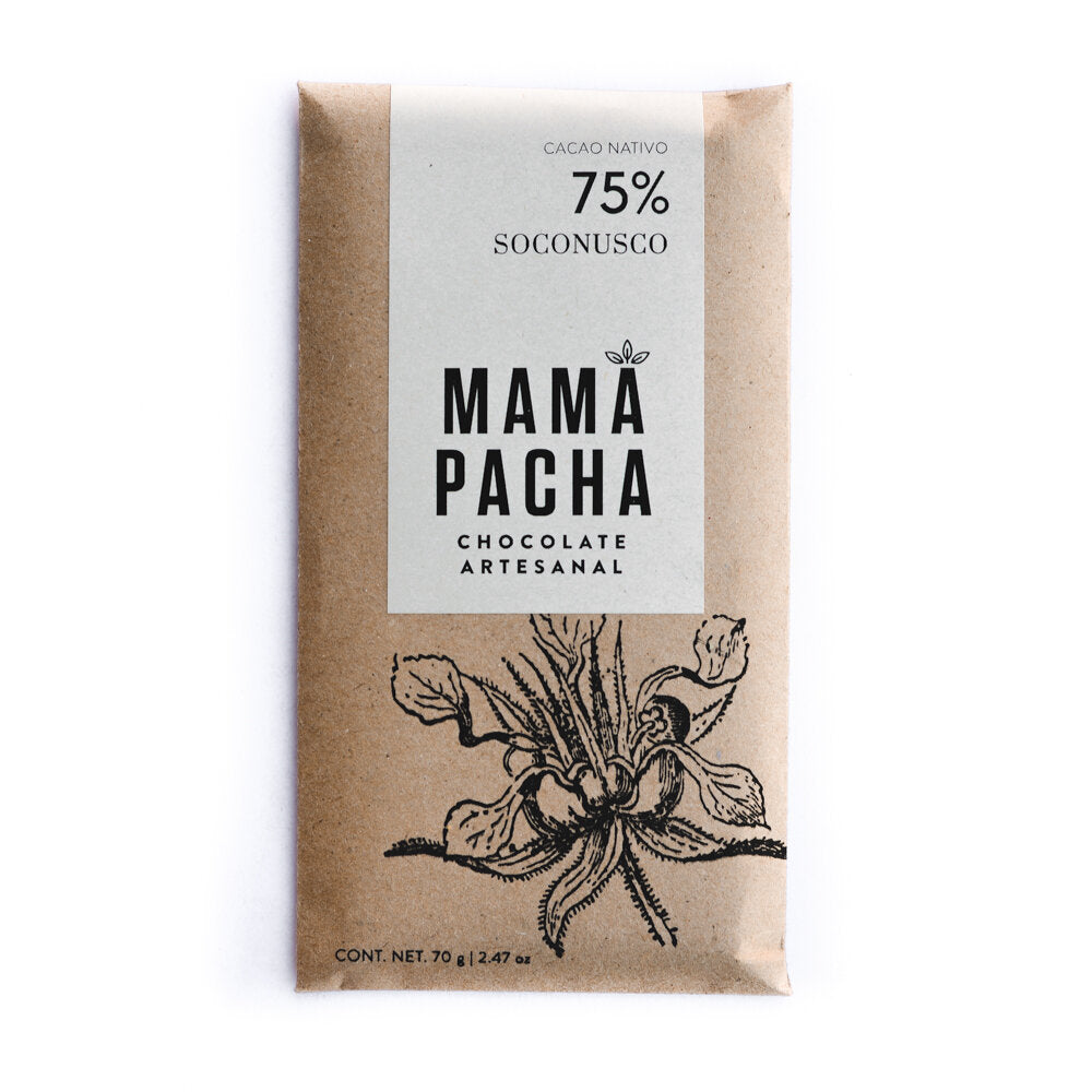 Front view of Mama Pacha Chocolate - 75% Soconusco wrapped in brown branded paper packaging