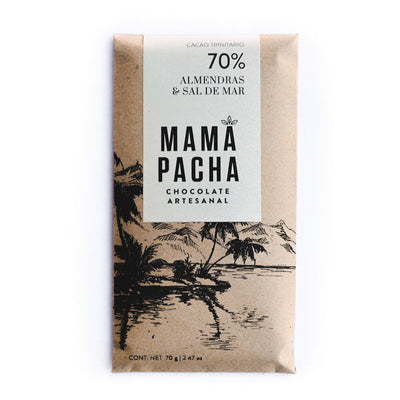 Front view of Mama Pacha Chocolate - 70% Almendras y Sal de Mar wrapped in brown branded paper packaging