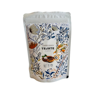 front view of Tejate Powder Mix in white ziploc style branded packaging