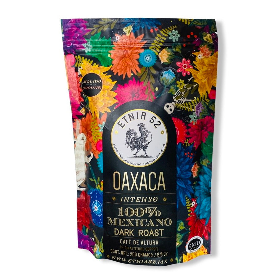 Front view of Etnia 52 Mexican Coffee - Oaxaca packaged inside colorful packaging with zipoc style closure