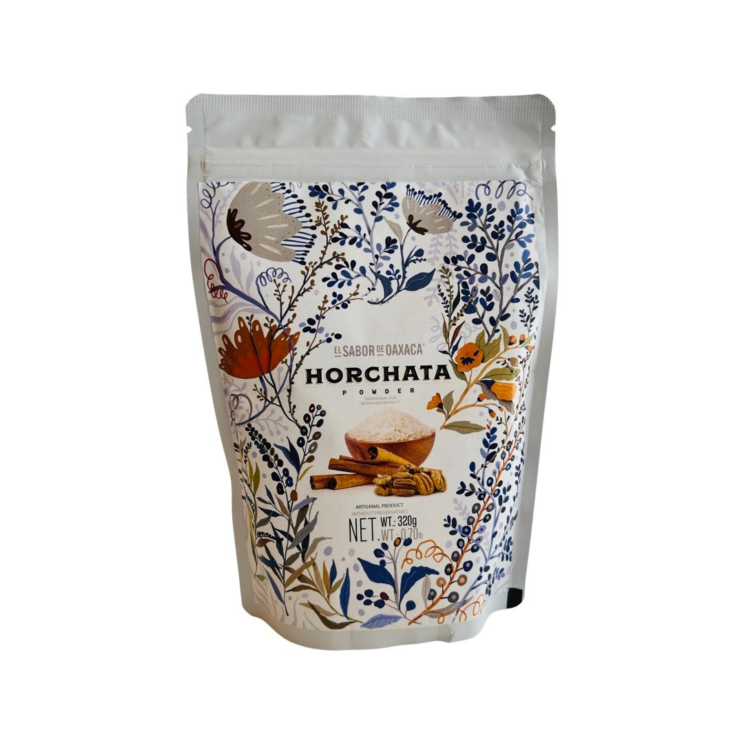 Front view of Horchata Powder Mix in white branded plastic pouch with ziploc style closure