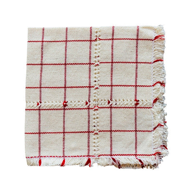 quarter folded handwoven Cotton Neutral Plaid Napkin in offwhite color with red stripes