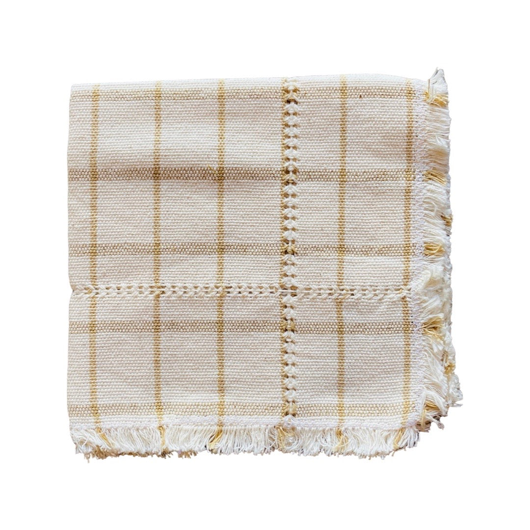 quarter folded handwoven Cotton Neutral Plaid Napkin in offwhite color with beige stripes