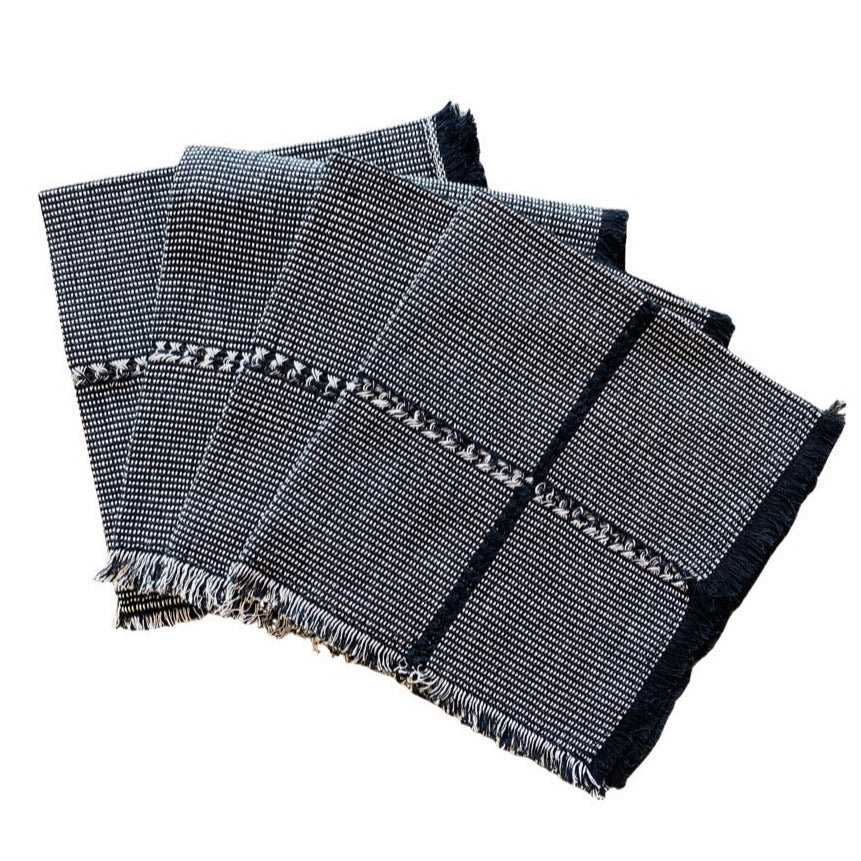 stack of 4 Black & white handwoven Cotton Napkins quarter folded
