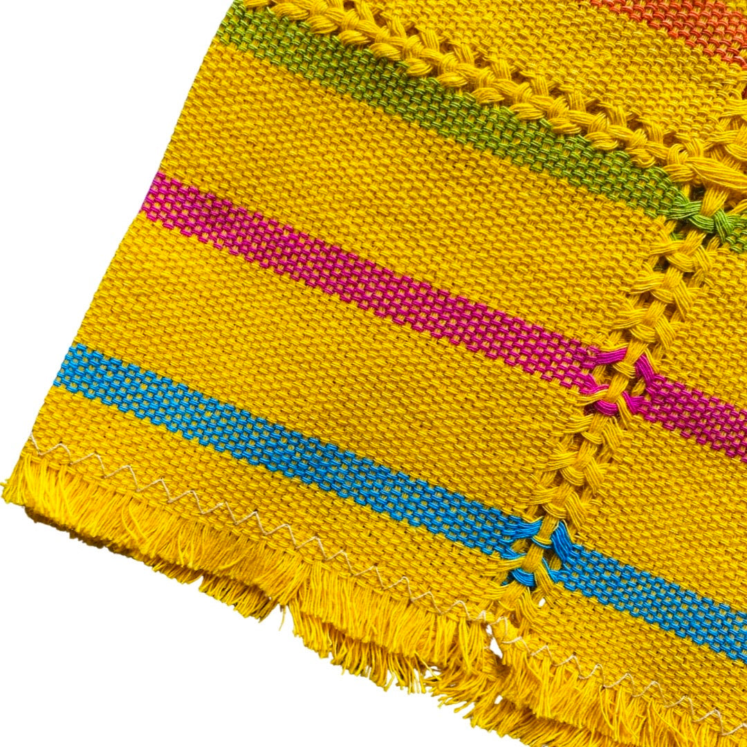 Quarter folded yellow cotton napkin with colorful stripes