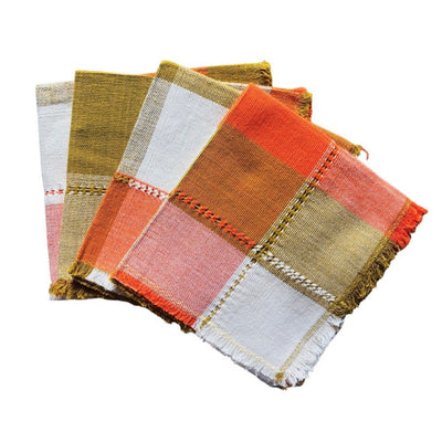 Handwoven Cotton Napkins - Orange/Neutral Plaids stack of 4