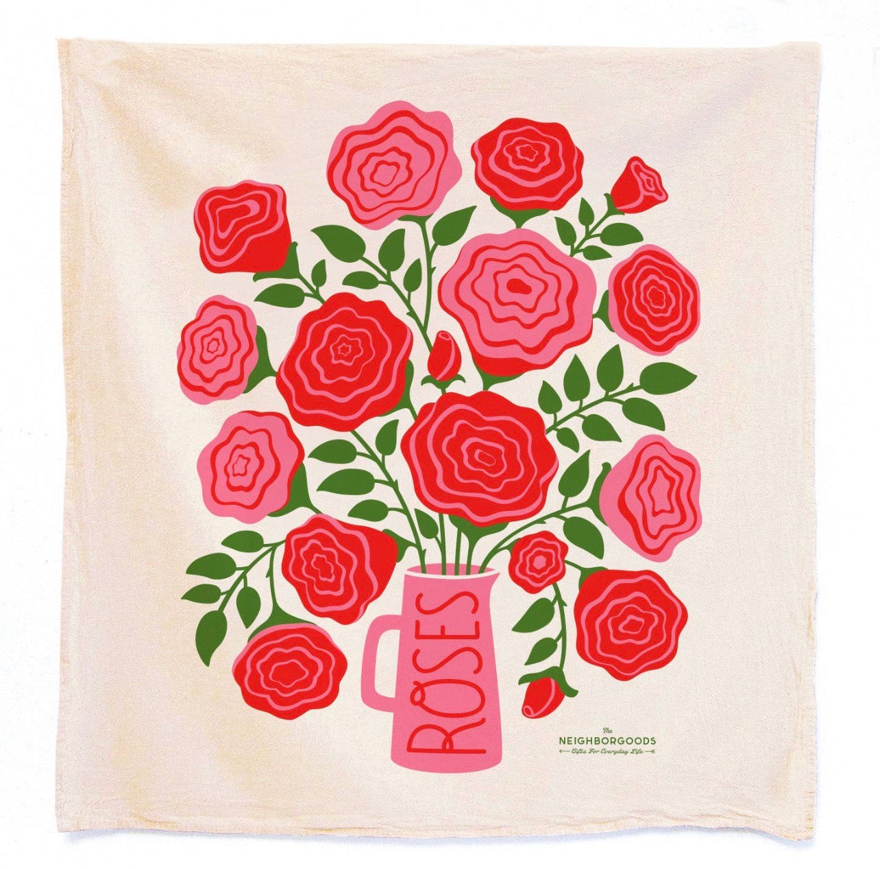 Natural kitchen towel of a pink vase of roses in pink and red shades. The vase has the Phrase ROSES in red lettering.