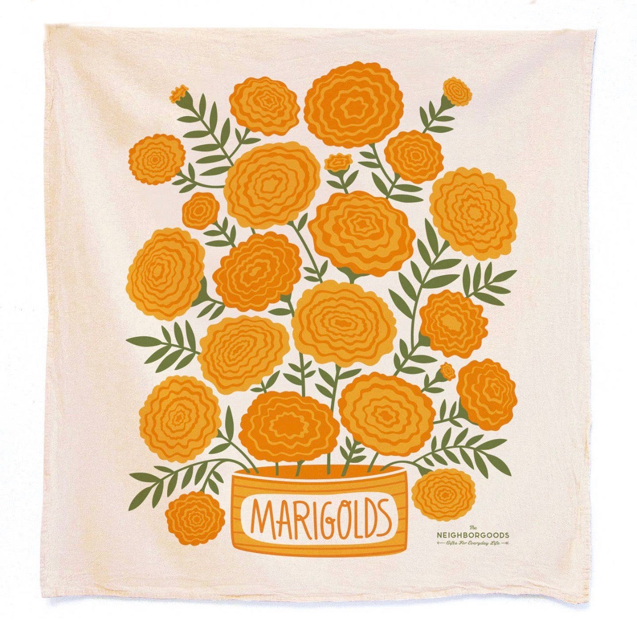 Natural kitchen towel with a bundle of yellow and orange marigolds with a container that has the phrase MARIGOLDS in orange lettering.