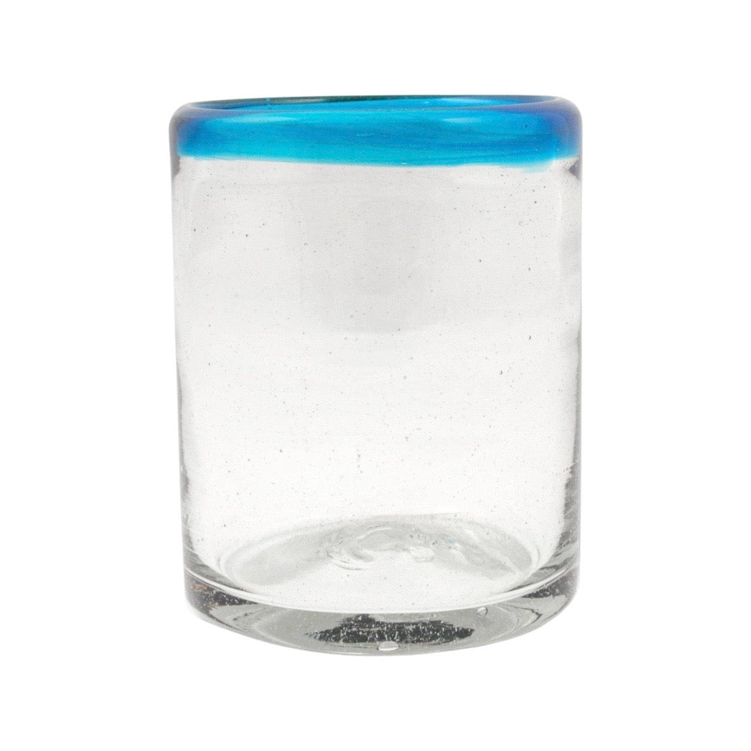 Glass tumbler drinking glass with translucent blue rim
