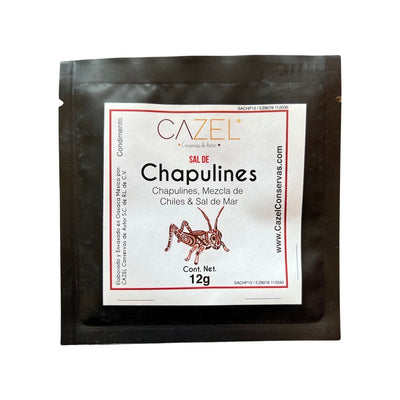 Photo of Sal de Chapulines (Crickets Salt) in black branded pouch