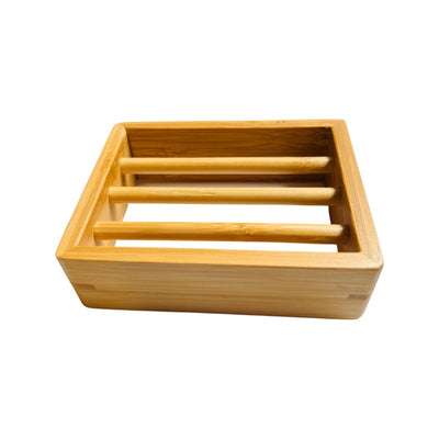 Photo features rectangular bamboo soap shelf.