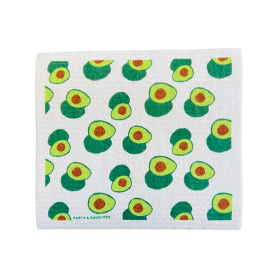 Square swedish cloth that features small half cut avocados with a white border.