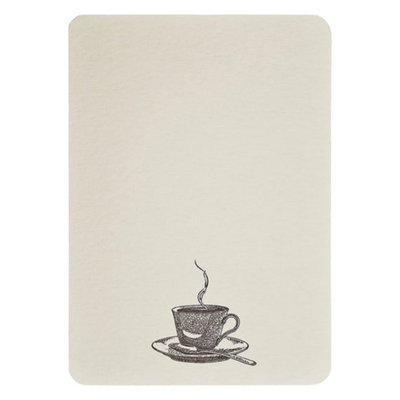 Notecard features image of a cup & saucer illustration at bottom center