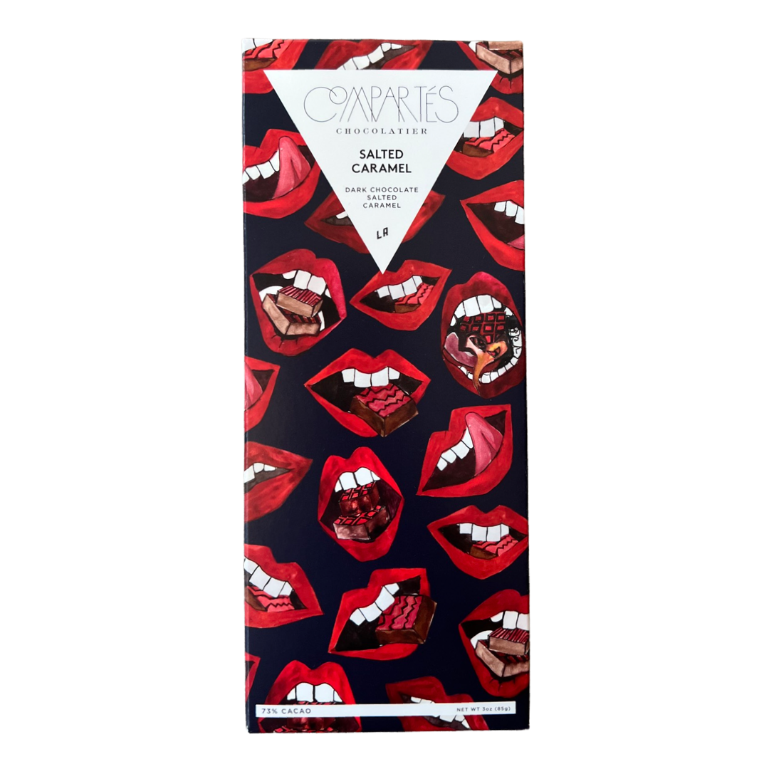 front view of Salted Caramel Chocolate Bar in paper branded packaging