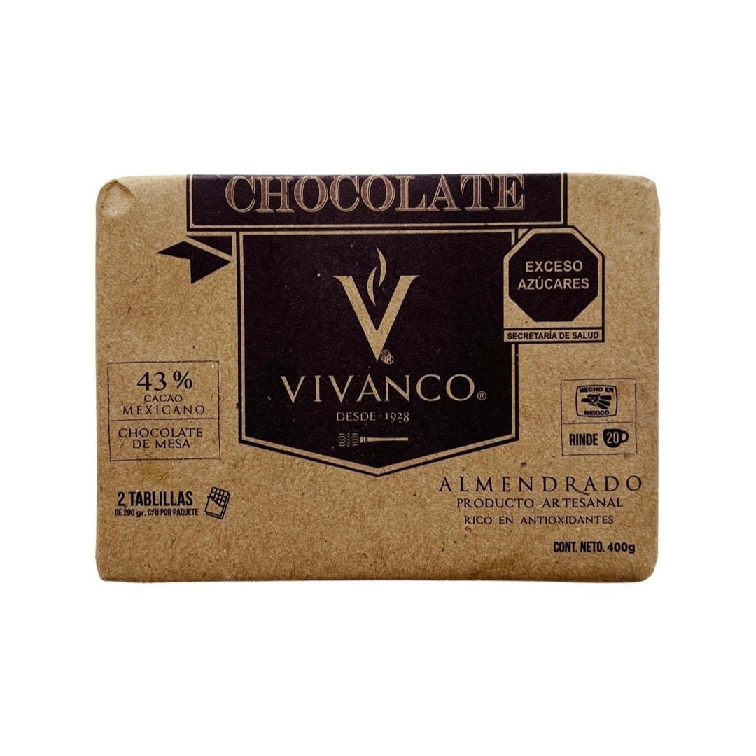 Top view of Vivanco Mexican Chocolate - 43% Cacao w/Almonds in branded paper packaging
