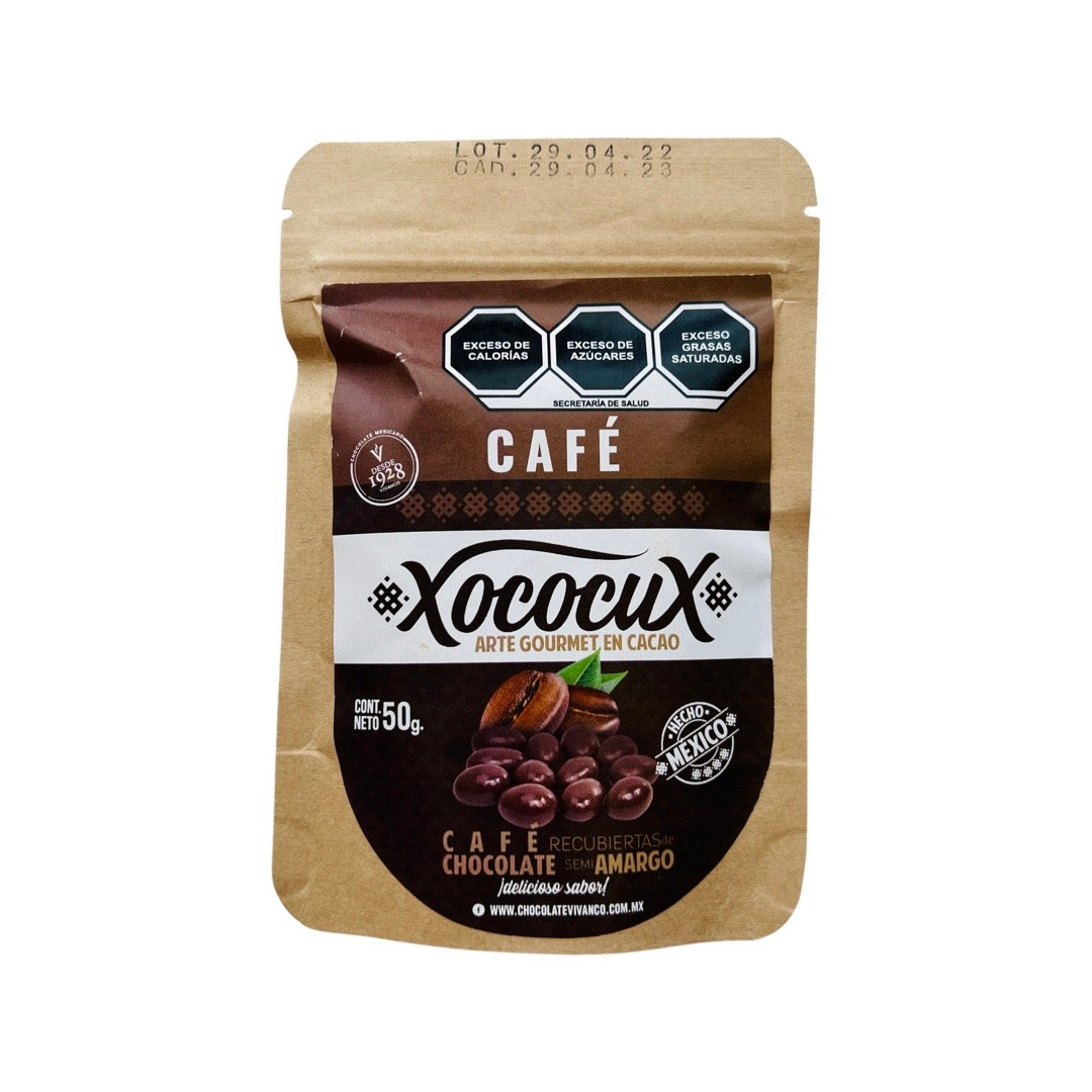 A kraft bag containing 50g of chocolate covered coffee beans. The label is light brown, white and dark brown featuring a picture of coffee beans and chocolate covered coffee beans. 