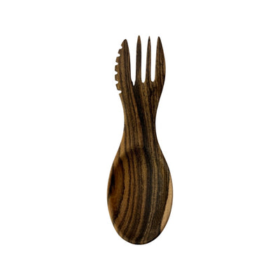 top view of short spork carved from wood in slightly different shade
