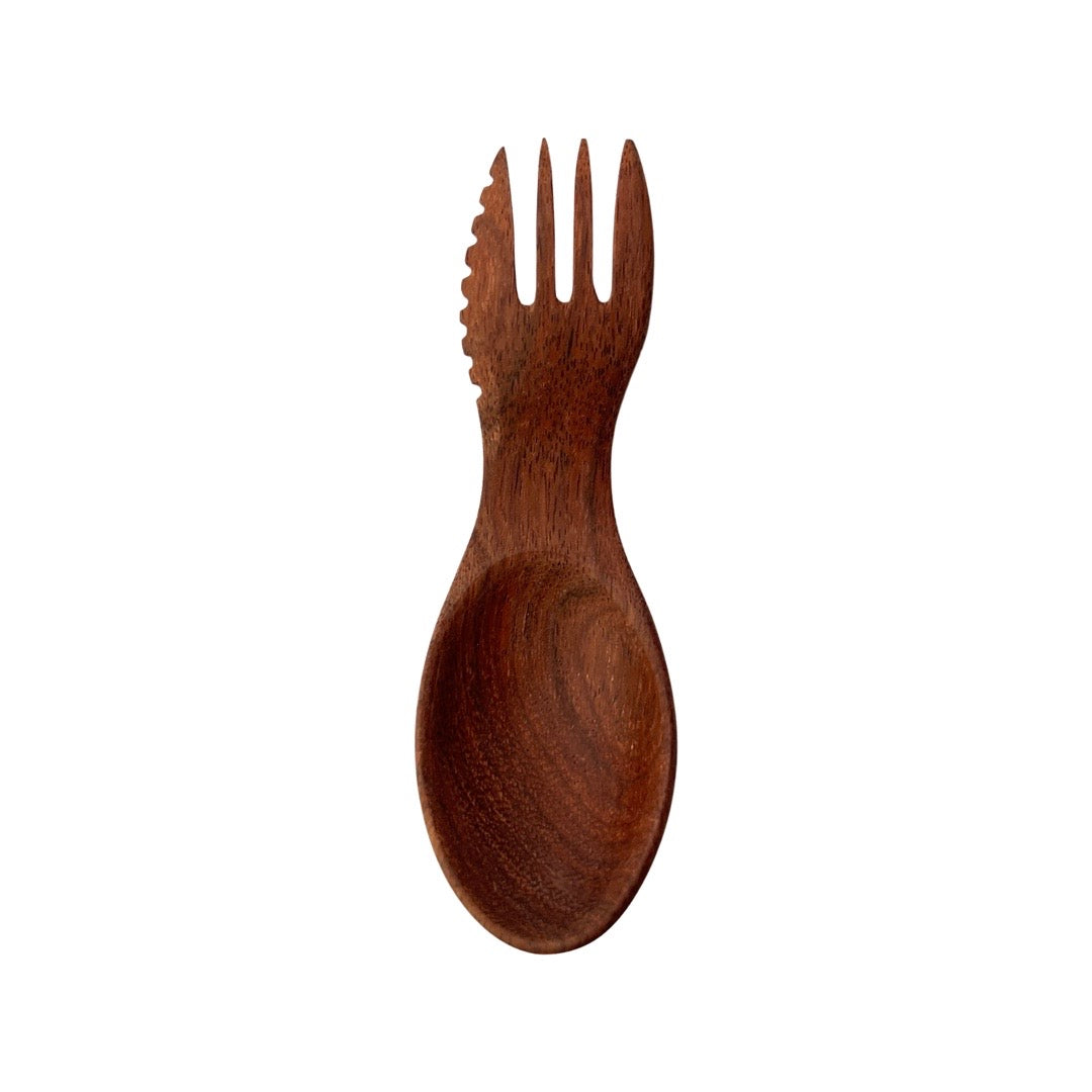 top view of short spork carved from wood