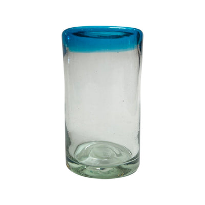 Glass tumbler drinking glass with translucent blue rim