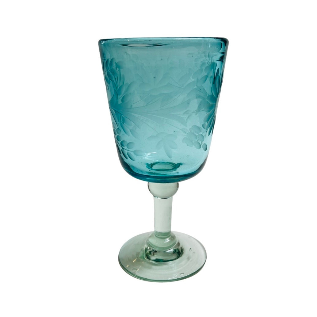 translucent blue wine glass with clear glass stem