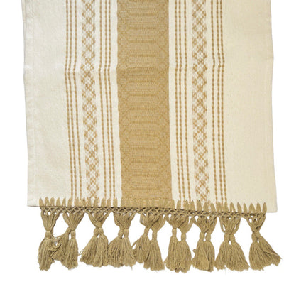 tan and natural striped woven table runner with tassels