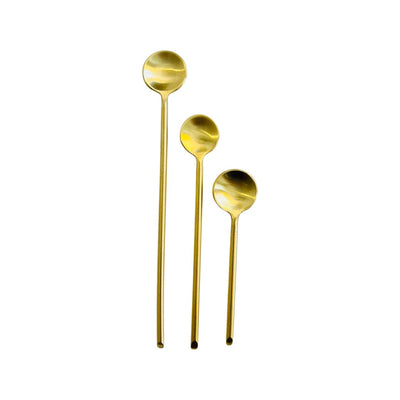 Top view of three gold thin long spoons in large, medium, and mini.