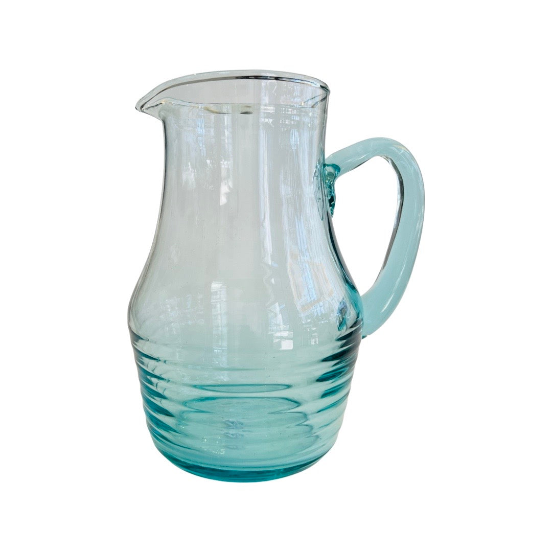 clear glass pitcher with very faint blue tint & rippled ring textures base