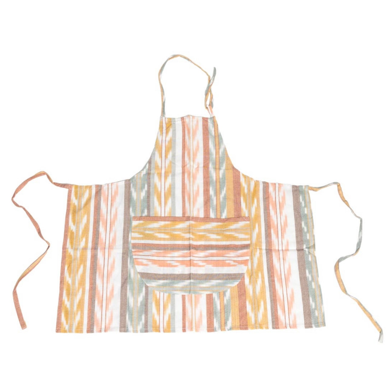 Cotton woven apron with a front pocket and features sand tone color stripes and chevron design.