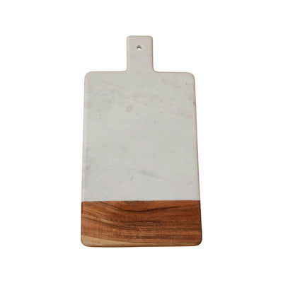 top view of rectangular white marble board with handle and wood edge