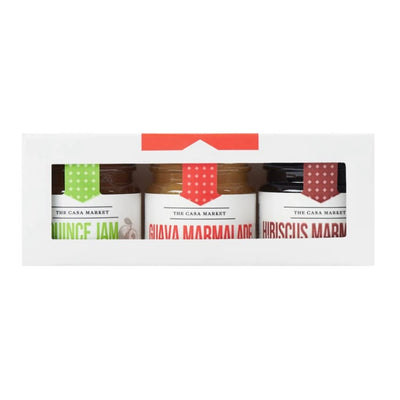 Front view of Mini Marmalades 3 Variety Pack in clear branded glass jars housed inside white box