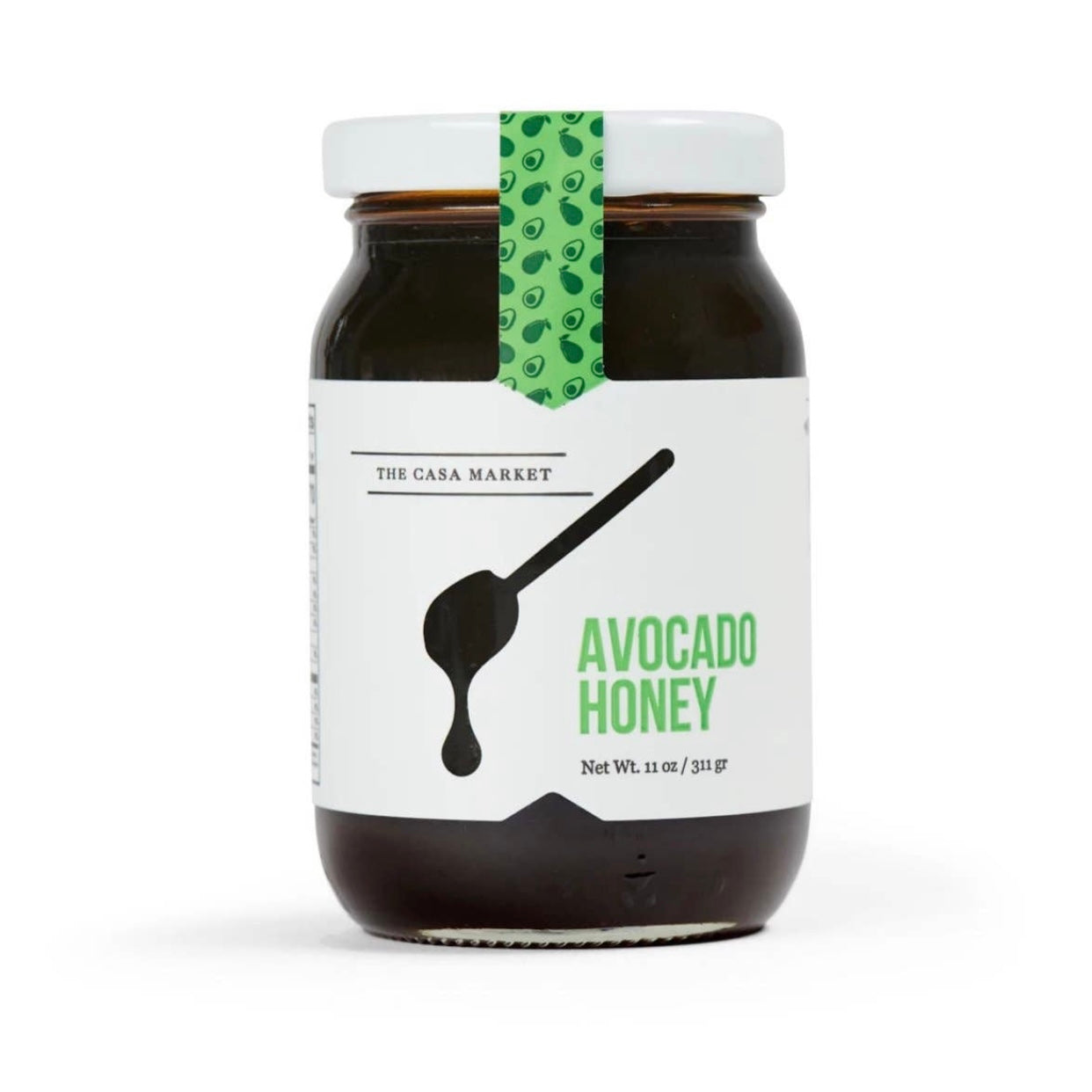 Large Avocado Honey in an 11 ounce jar with a white branded label that features a honey dipper.