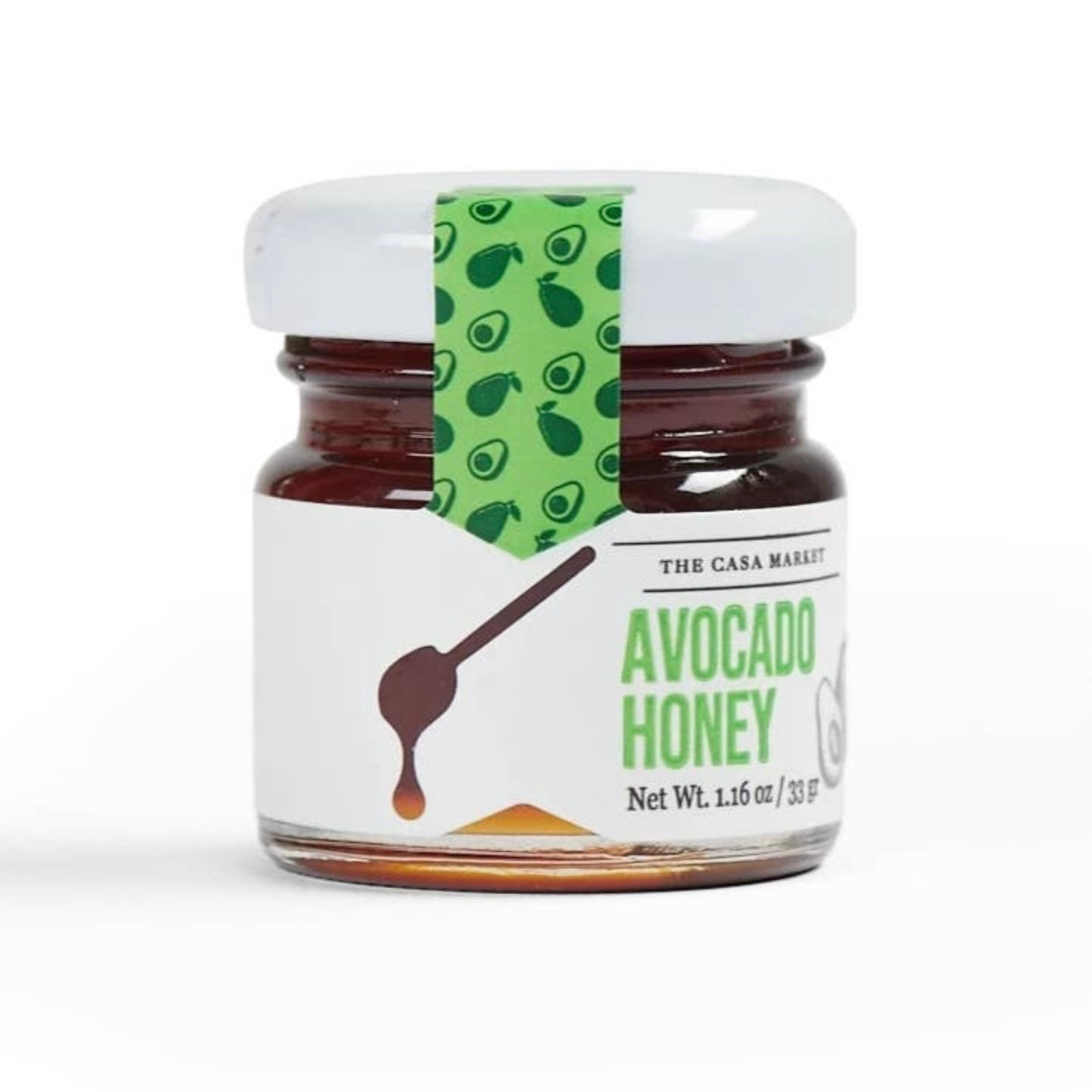 Mini Avocado Honey in an 1.16 ounce jar with a white branded label that features a honey dipper.