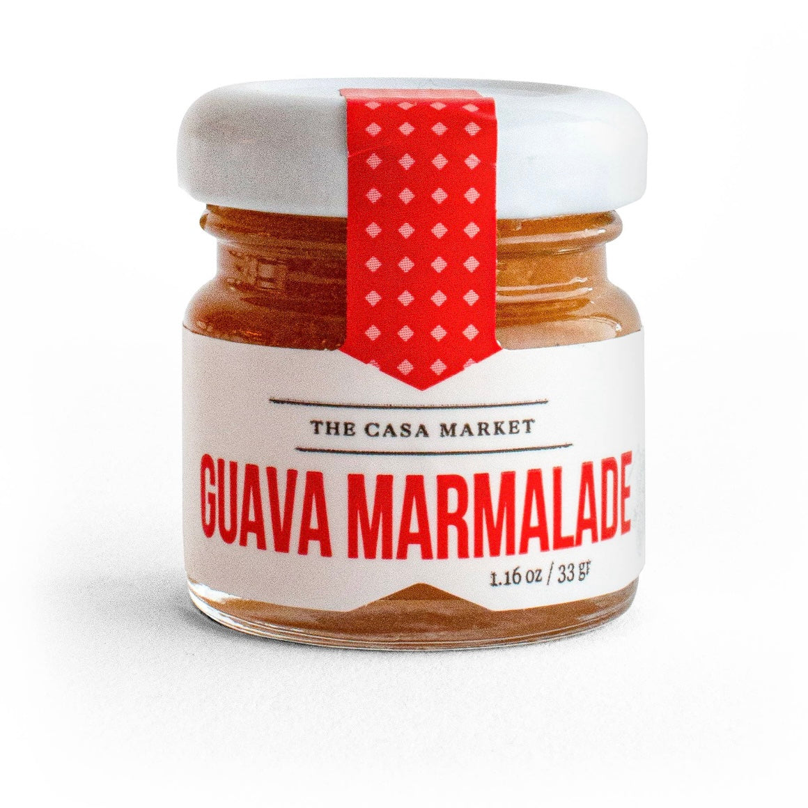 Front view of Guava Marmalade - Mini in clear glass branded jar with white lid