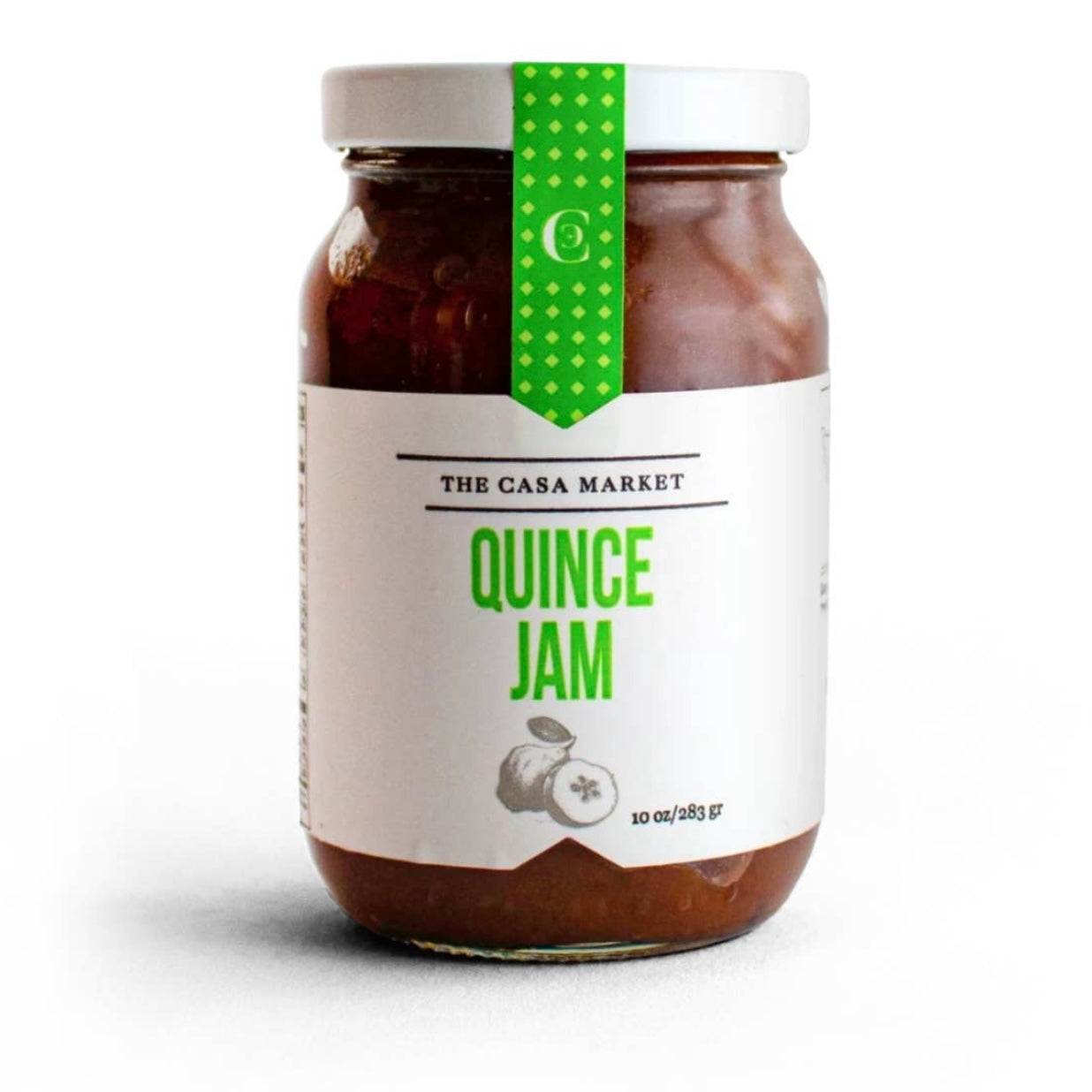 Front view of Quince Jam in clear glass branded jar with white lid