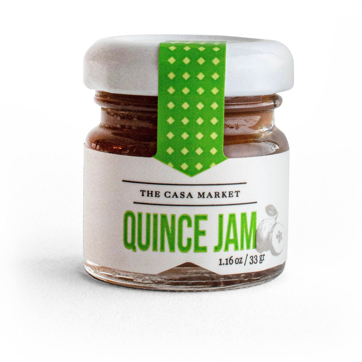 Front view of Quince Jam - Mini in clear glass branded jar with white lid