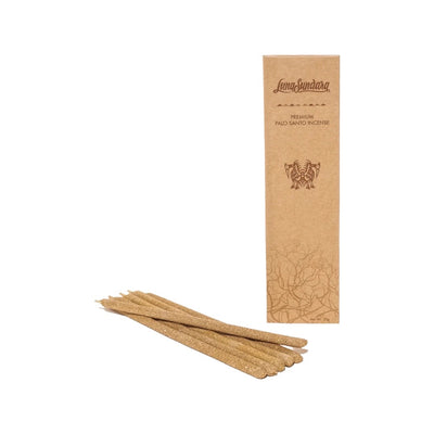 Six palo santo hand rolled incense sticks next to branded packaging. 