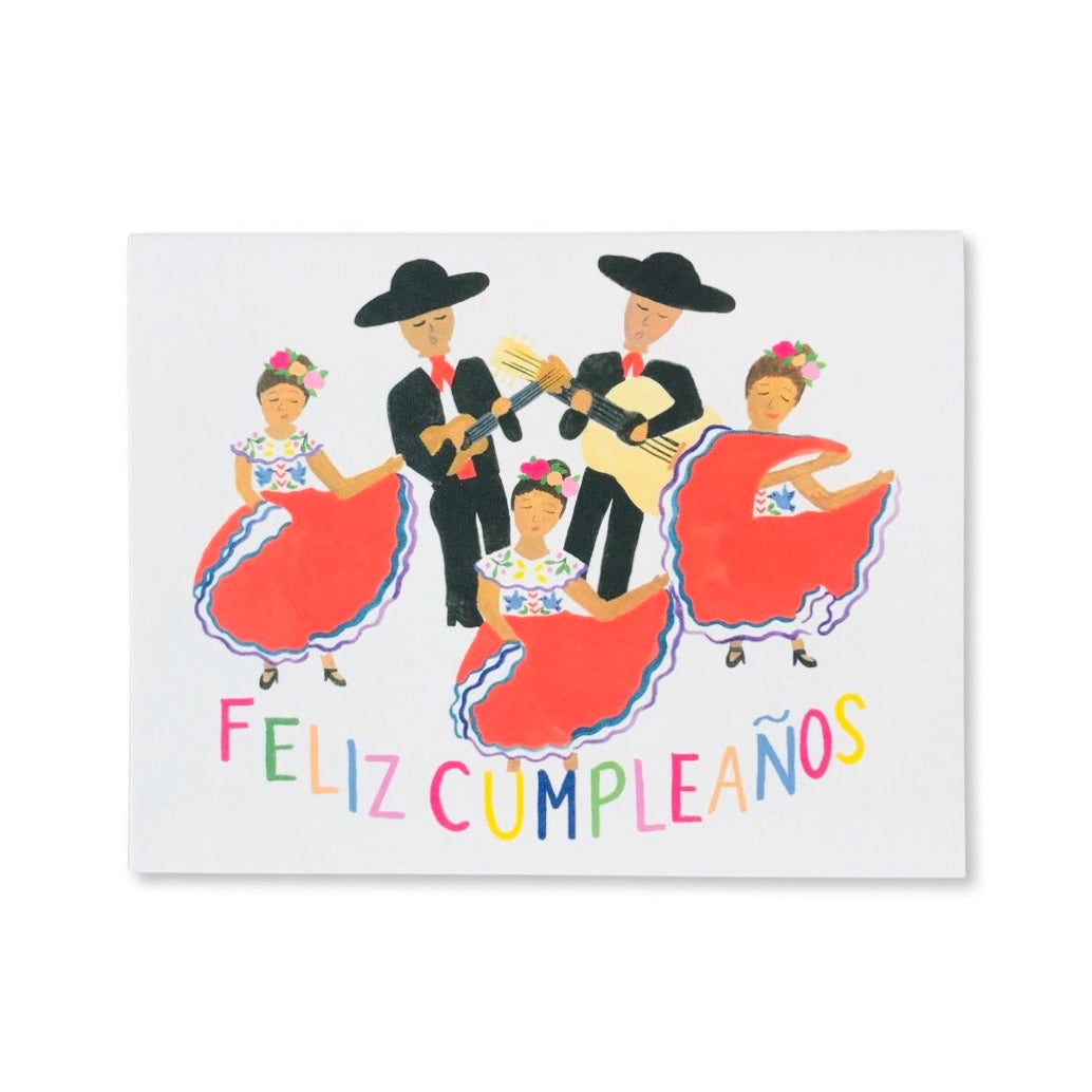 Greeting card reads: Feliz Cumpleanos, English translation is Happy Birthday. Illustration features traditional Mexican band and dancers.