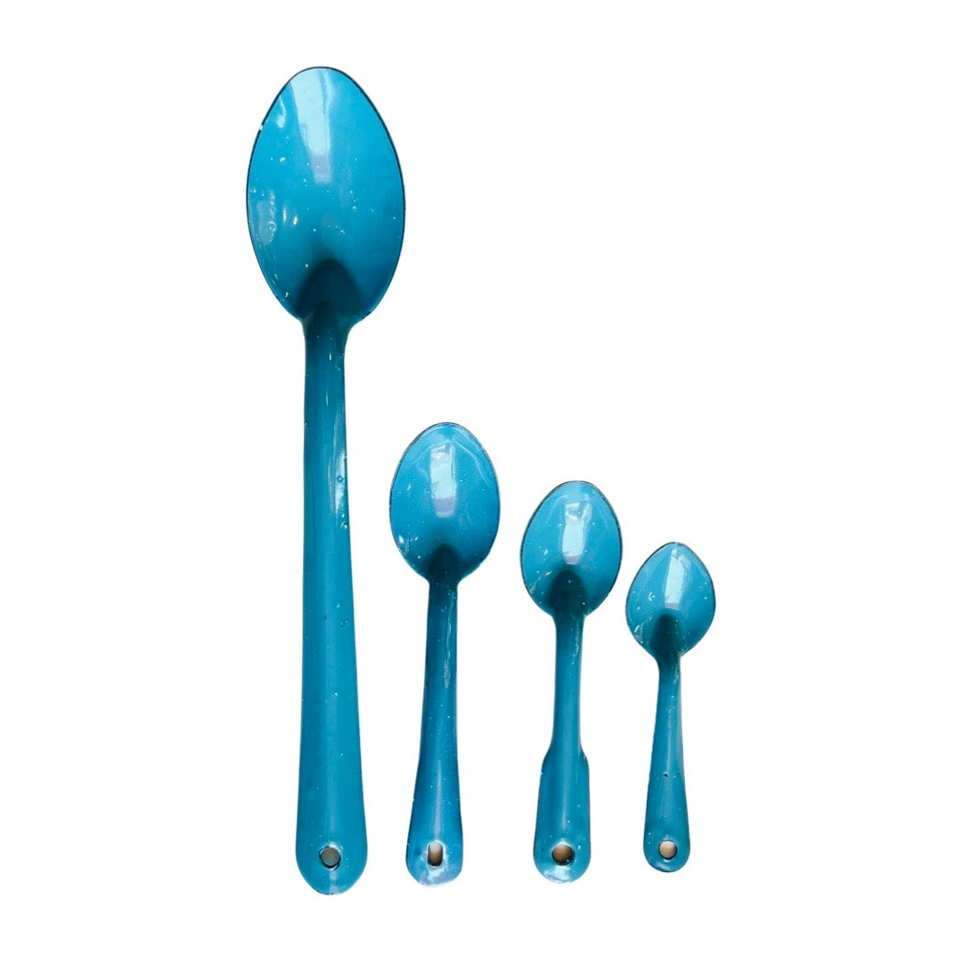 Top view of pewter turquoise enamel spoons in extra large, large, medium, and small.